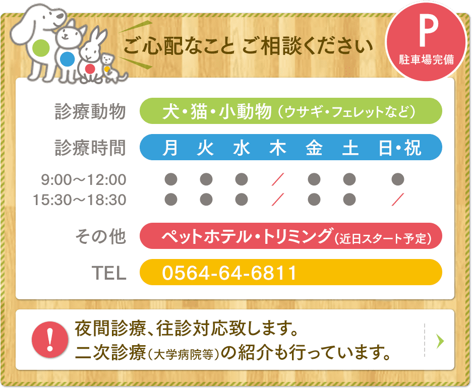 ご心配なこと ご相談ください。 診療動物：犬・猫・小動物（ウサギ・フェレットなど）